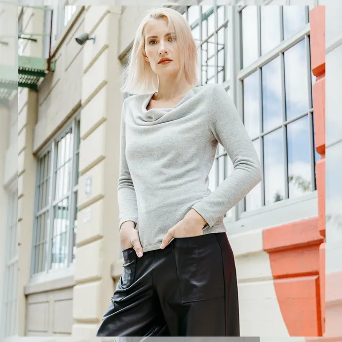 CashmereLike Knit 8211 Cowl Neck Side Ruched Sweater Top 8211 Oatmeal 8211 Final Sale Women Clara Sunwoo Sweaters