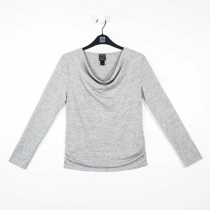 CashmereLike Knit 8211 Cowl Neck Side Ruched Sweater Top 8211 Oatmeal 8211 Final Sale Women Clara Sunwoo Sweaters