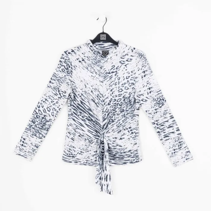 Cozy Shimmer Texture 8211 Center Front Tie Sweater Top 8211 Snow Leopard 8211 Final Sale Women Clara Sunwoo Sweaters