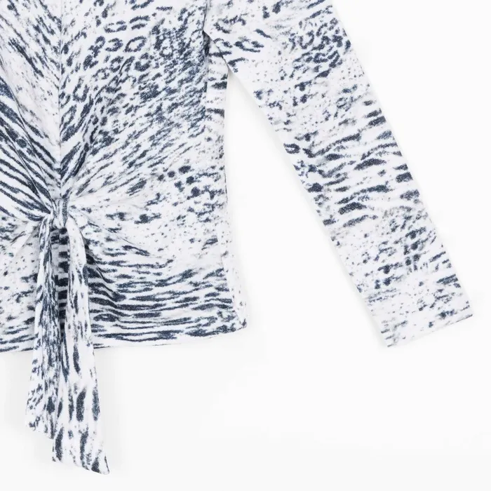 Cozy Shimmer Texture 8211 Center Front Tie Sweater Top 8211 Snow Leopard 8211 Final Sale Women Clara Sunwoo Sweaters