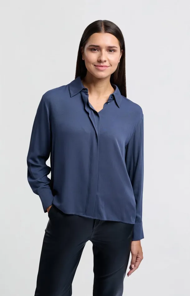 Cropped Blouse With Long Sleeves And Button Closure Outer Space Blue Women YAYA Blouses Cropped Blouse With Long Sleeves And Button Closure Outer Space Blue Women YAYA Blouses