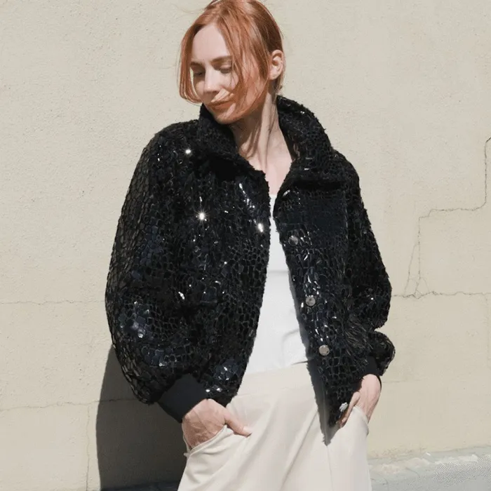 Crushed Faux Fur 8211 Shimmer Embellished Bomber Jacket 8211 Black 8211 Limited Edition Women Clara Sunwoo Jackets Cardigans Crushed Faux Fur 8211 Shimmer Embellished Bomber Jacket 8211 Black 8211 Limited Edition Women Clara Sunwoo Jackets Cardigans