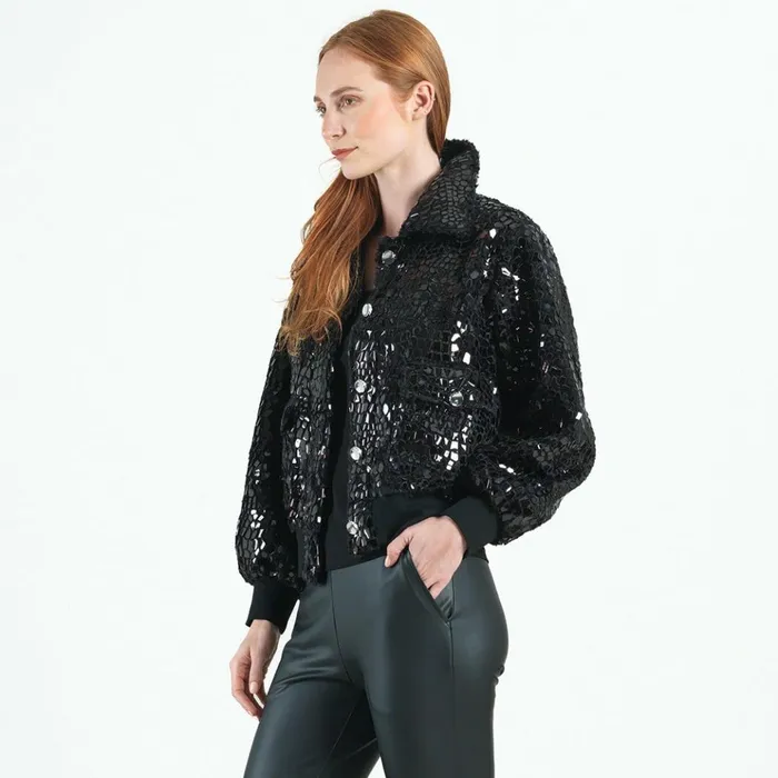 Crushed Faux Fur 8211 Shimmer Embellished Bomber Jacket 8211 Black 8211 Limited Edition Women Clara Sunwoo Jackets Cardigans