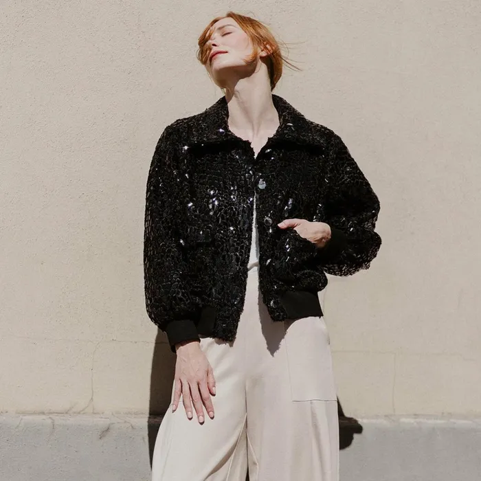 Crushed Faux Fur 8211 Shimmer Embellished Bomber Jacket 8211 Black 8211 Limited Edition Women Clara Sunwoo Jackets Cardigans