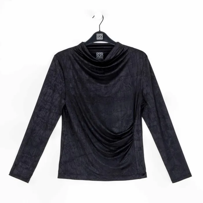 Crushed Silk Knit 8211 Draped Neck Side Ruched Top 8211 Black 8211 Final Sale Women Clara Sunwoo Tops Tunics