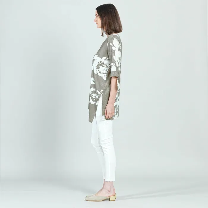 Crushed Silk Knit 8211 Tie Cuff Asymmetrical Vent Tunic 8211 Dreamy FloralTaupe 8211 Final Sale Women Clara Sunwoo Tops Tunics