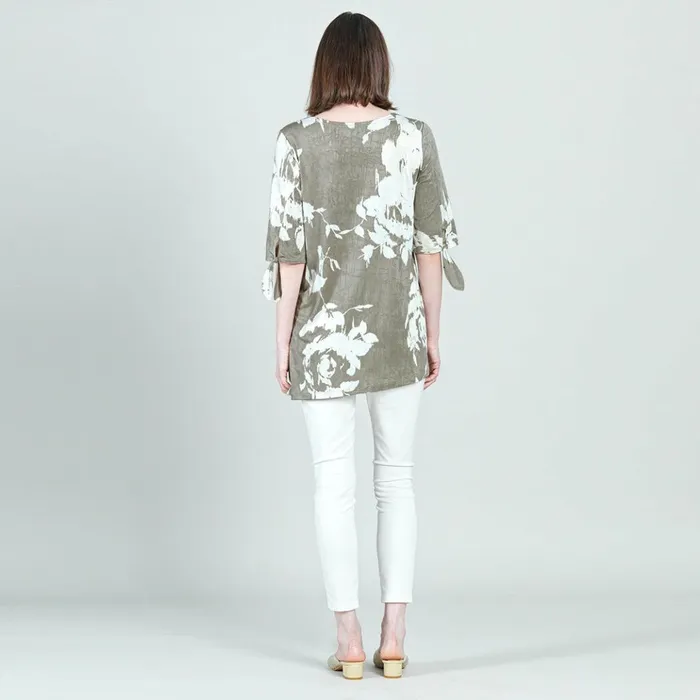 Crushed Silk Knit 8211 Tie Cuff Asymmetrical Vent Tunic 8211 Dreamy FloralTaupe 8211 Final Sale Women Clara Sunwoo Tops Tunics