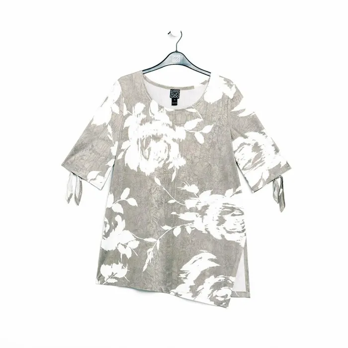 Crushed Silk Knit 8211 Tie Cuff Asymmetrical Vent Tunic 8211 Dreamy FloralTaupe 8211 Final Sale Women Clara Sunwoo Tops Tunics