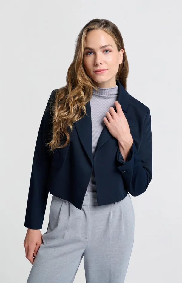 Dark Blue Woven Cropped Blazer With Unique Pocket Detail Outer Space Blue Women YAYA Blazers Dark Blue Woven Cropped Blazer With Unique Pocket Detail Outer Space Blue Women YAYA Blazers