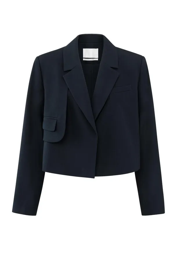 Dark Blue Woven Cropped Blazer With Unique Pocket Detail Outer Space Blue Women YAYA Blazers Dark Blue Woven Cropped Blazer With Unique Pocket Detail Outer Space Blue Women YAYA Blazers
