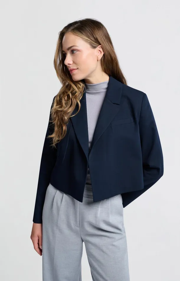 Dark Blue Woven Cropped Blazer With Unique Pocket Detail Outer Space Blue Women YAYA Blazers Dark Blue Woven Cropped Blazer With Unique Pocket Detail Outer Space Blue Women YAYA Blazers