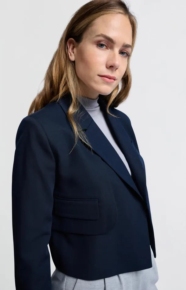Dark Blue Woven Cropped Blazer With Unique Pocket Detail Outer Space Blue Women YAYA Blazers Dark Blue Woven Cropped Blazer With Unique Pocket Detail Outer Space Blue Women YAYA Blazers