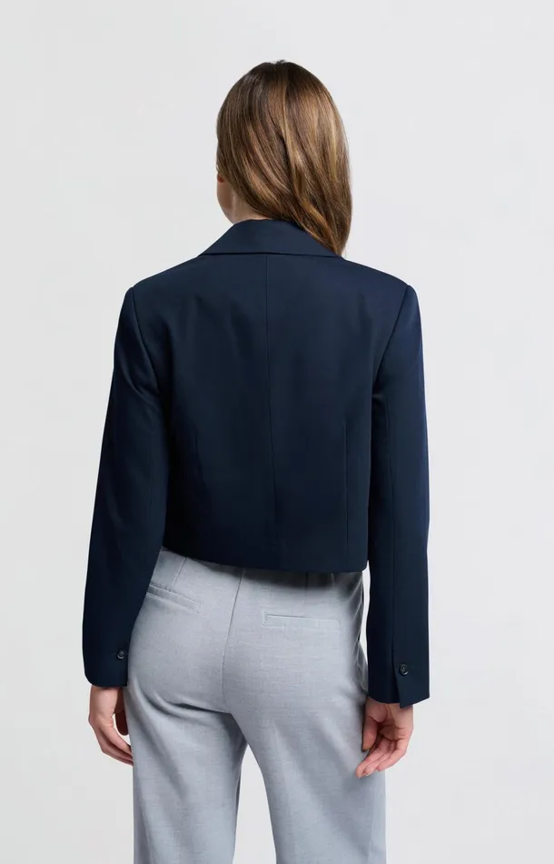 Dark Blue Woven Cropped Blazer With Unique Pocket Detail Outer Space Blue Women YAYA Blazers Dark Blue Woven Cropped Blazer With Unique Pocket Detail Outer Space Blue Women YAYA Blazers