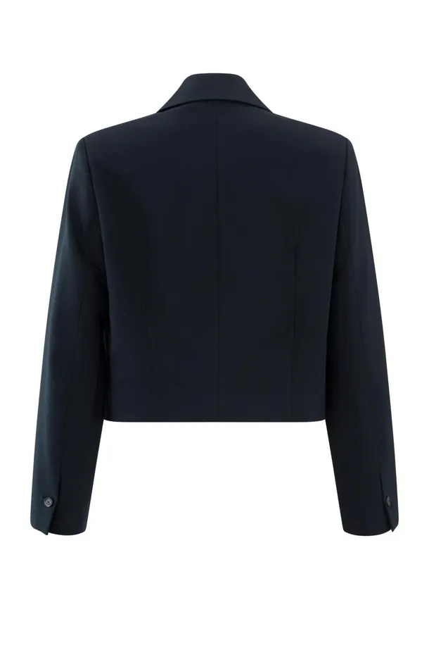 Dark Blue Woven Cropped Blazer With Unique Pocket Detail Outer Space Blue Women YAYA Blazers Dark Blue Woven Cropped Blazer With Unique Pocket Detail Outer Space Blue Women YAYA Blazers