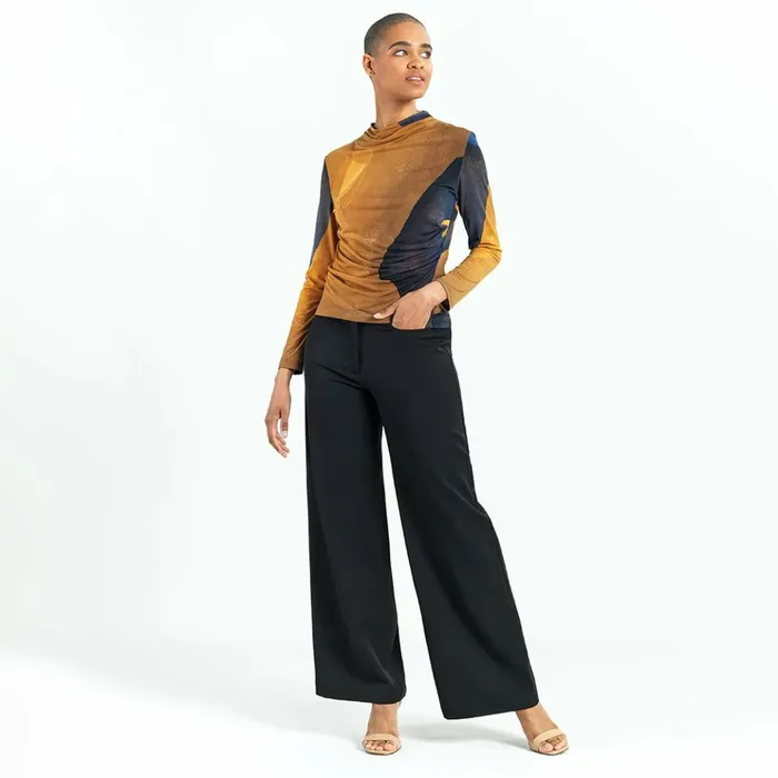 Draped Neck Side Ruched Top 8211 Tan Watercolor 8211 Final Sale Women Clara Sunwoo Tops Tunics