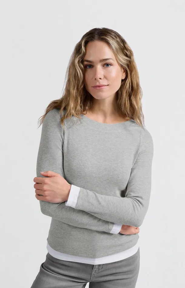 Faux Doublelayered Top With Contrasting Trim Details Medium Grey Melange Women YAYA Tops Faux Doublelayered Top With Contrasting Trim Details Medium Grey Melange Women YAYA Tops