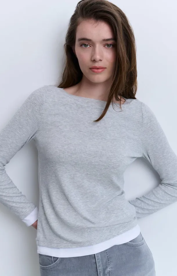 Faux Doublelayered Top With Contrasting Trim Details Medium Grey Melange Women YAYA Tops Faux Doublelayered Top With Contrasting Trim Details Medium Grey Melange Women YAYA Tops