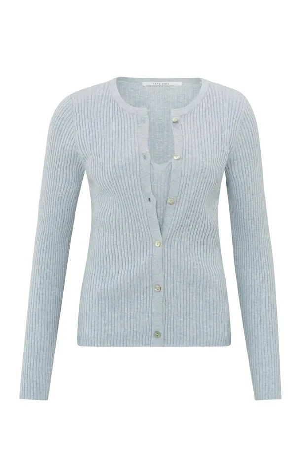 Faux Layered Ribbed Cardigan With Button Detail Gray Dawn Blue Melange Women YAYA Sweaters Faux Layered Ribbed Cardigan With Button Detail Gray Dawn Blue Melange Women YAYA Sweaters