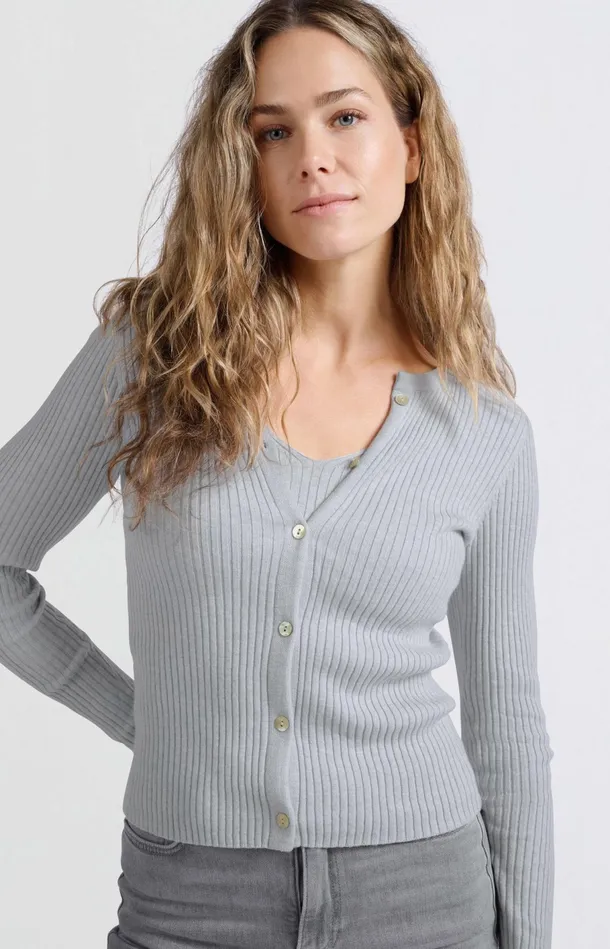 Faux Layered Ribbed Cardigan With Button Detail Gray Dawn Blue Melange Women YAYA Sweaters Faux Layered Ribbed Cardigan With Button Detail Gray Dawn Blue Melange Women YAYA Sweaters