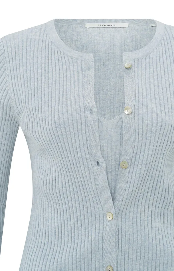Faux Layered Ribbed Cardigan With Button Detail Gray Dawn Blue Melange Women YAYA Sweaters Faux Layered Ribbed Cardigan With Button Detail Gray Dawn Blue Melange Women YAYA Sweaters