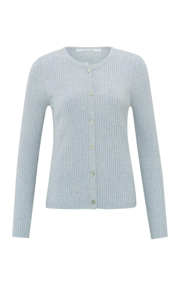 Faux Layered Ribbed Cardigan With Button Detail Gray Dawn Blue Melange Women YAYA Sweaters Faux Layered Ribbed Cardigan With Button Detail Gray Dawn Blue Melange Women YAYA Sweaters