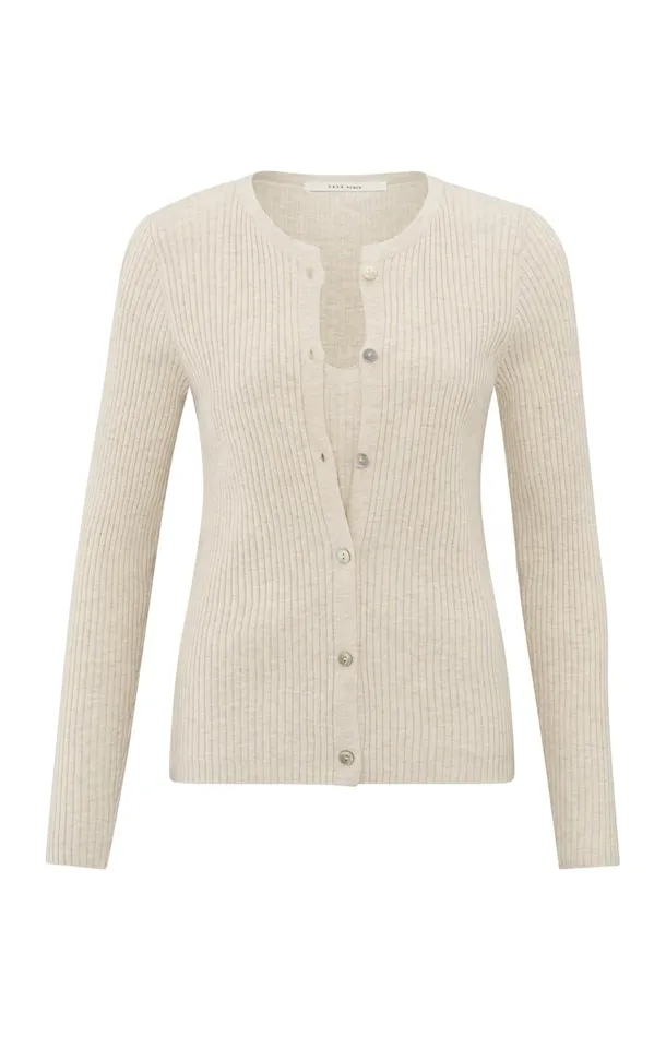 Faux Layered Ribbed Cardigan With Button Detail Light Beige Melange Women YAYA Sweaters Faux Layered Ribbed Cardigan With Button Detail Light Beige Melange Women YAYA Sweaters