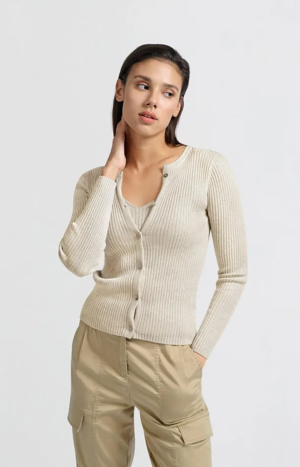 Faux Layered Ribbed Cardigan With Button Detail Light Beige Melange Women YAYA Sweaters Faux Layered Ribbed Cardigan With Button Detail Light Beige Melange Women YAYA Sweaters