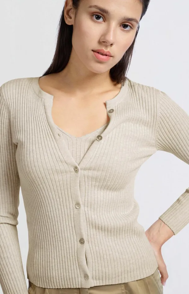 Faux Layered Ribbed Cardigan With Button Detail Light Beige Melange Women YAYA Sweaters Faux Layered Ribbed Cardigan With Button Detail Light Beige Melange Women YAYA Sweaters