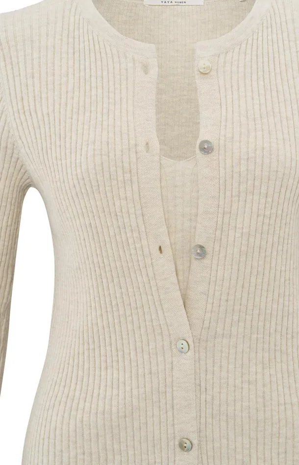Faux Layered Ribbed Cardigan With Button Detail Light Beige Melange Women YAYA Sweaters Faux Layered Ribbed Cardigan With Button Detail Light Beige Melange Women YAYA Sweaters