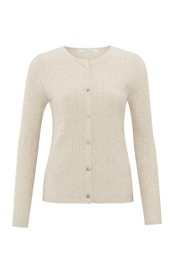 Faux Layered Ribbed Cardigan With Button Detail Light Beige Melange Women YAYA Sweaters Faux Layered Ribbed Cardigan With Button Detail Light Beige Melange Women YAYA Sweaters