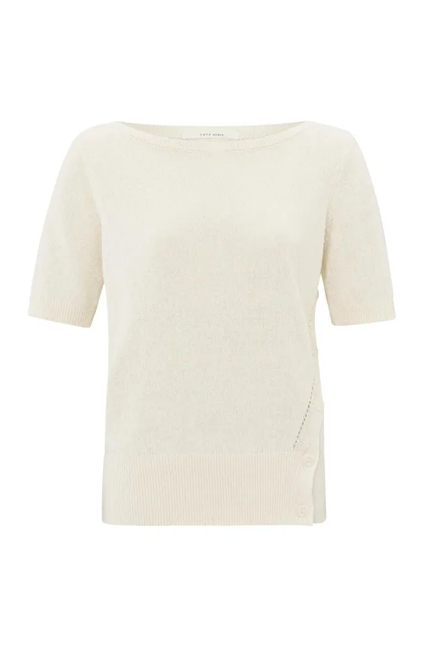 Fine Knit Sweater With Boat Neckline And Short Sleeves Nature Melange Women YAYA Sweaters Fine Knit Sweater With Boat Neckline And Short Sleeves Nature Melange Women YAYA Sweaters