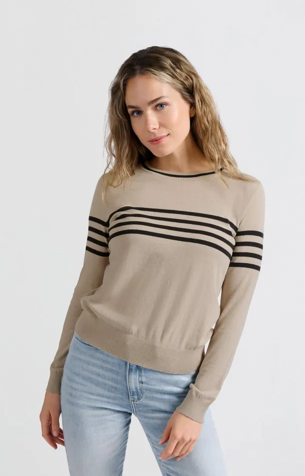 Fine Knitted Striped Sweater With Long Sleeves Humus Beige Dessin Women YAYA Sweaters Fine Knitted Striped Sweater With Long Sleeves Humus Beige Dessin Women YAYA Sweaters