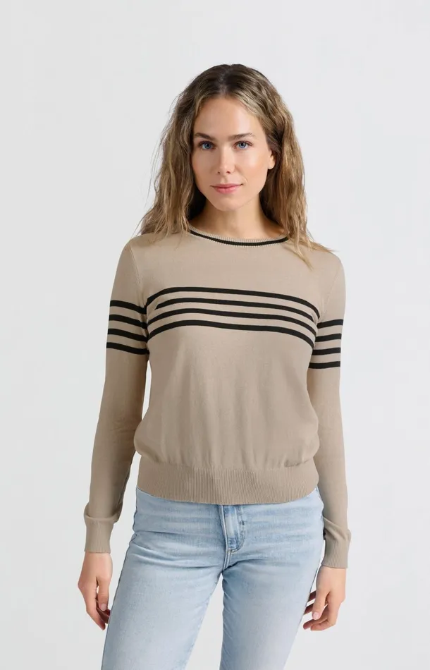 Fine Knitted Striped Sweater With Long Sleeves Humus Beige Dessin Women YAYA Sweaters Fine Knitted Striped Sweater With Long Sleeves Humus Beige Dessin Women YAYA Sweaters
