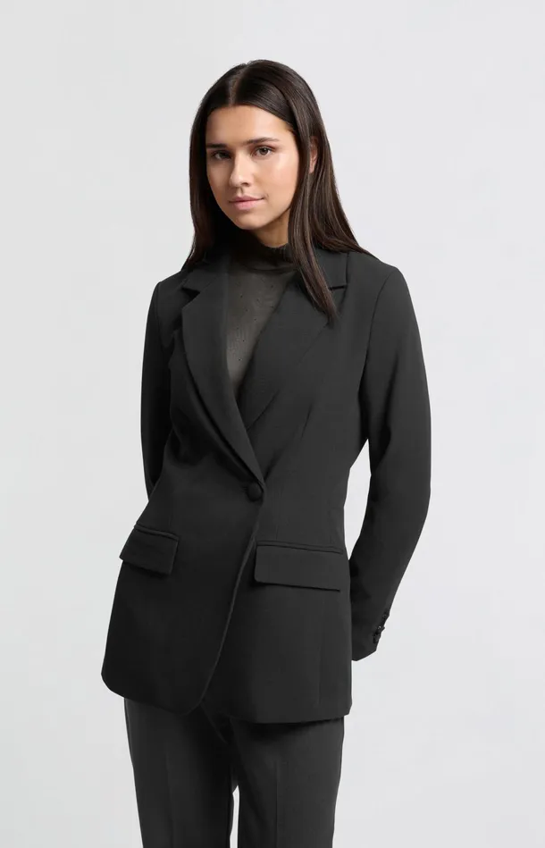 Fitted Blazer With Asymmetrical Closure And Front Pockets Black Women YAYA Blazers Fitted Blazer With Asymmetrical Closure And Front Pockets Black Women YAYA Blazers