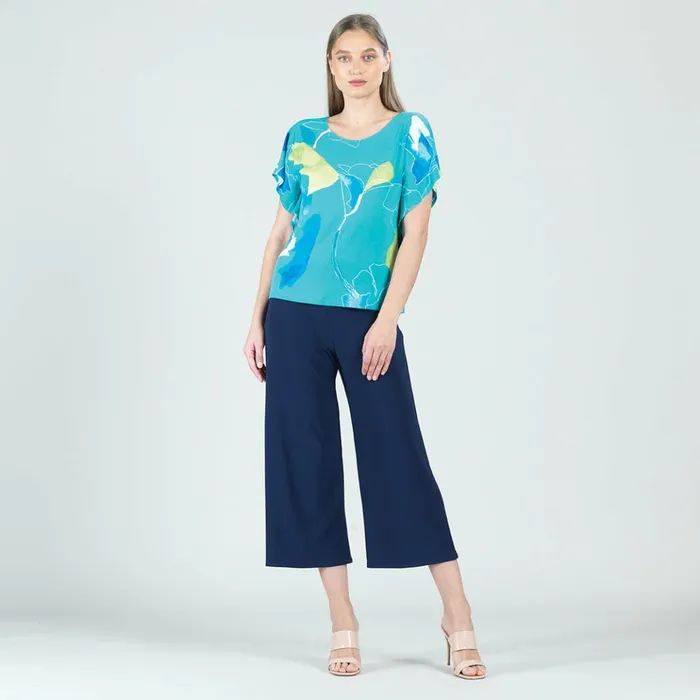 Floral Sketch Caftan Flutter Sleeve Top 8211 TurquoiseLemon 8211 Final Sale Women Clara Sunwoo Tops Tunics