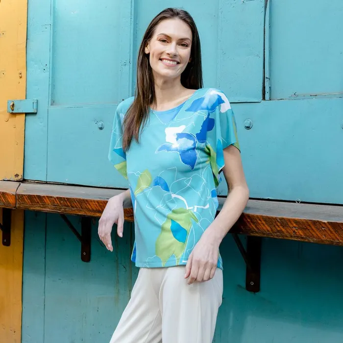 Floral Sketch Caftan Flutter Sleeve Top 8211 TurquoiseLemon 8211 Final Sale Women Clara Sunwoo Tops Tunics