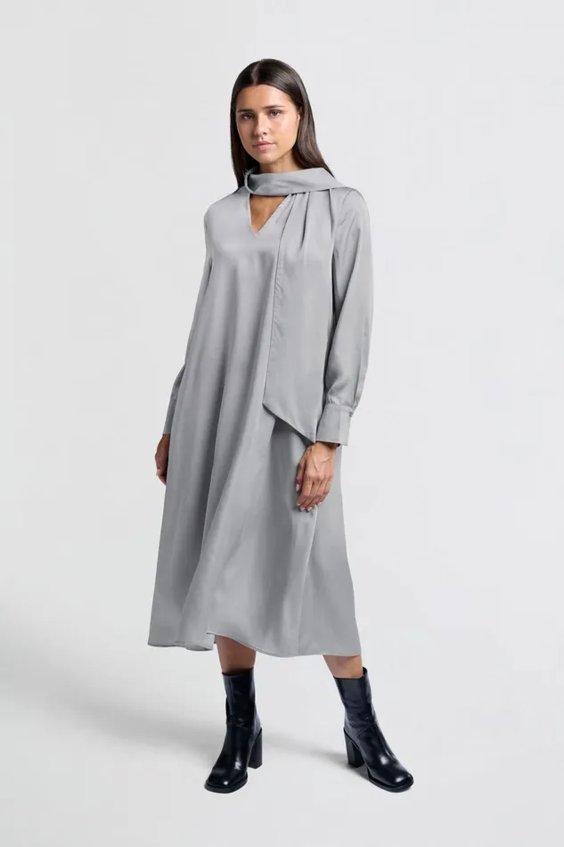 Flowing Dress With Bow Detail And Vneck Light Metal Grey Women YAYA Dresses