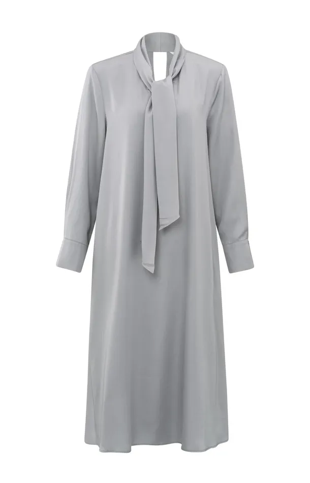 Flowing Dress With Bow Detail And Vneck Light Metal Grey Women YAYA Dresses Flowing Dress With Bow Detail And Vneck Light Metal Grey Women YAYA Dresses