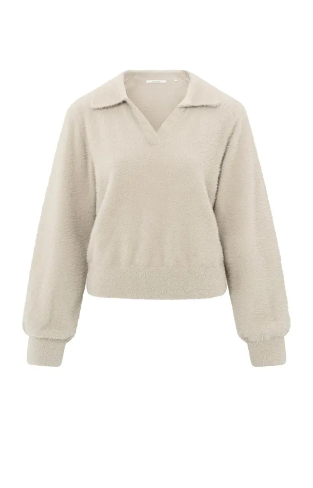 Fluffy Polo Sweater With Classic Collar And Vneck Feather Women YAYA Sweaters Fluffy Polo Sweater With Classic Collar And Vneck Feather Women YAYA Sweaters