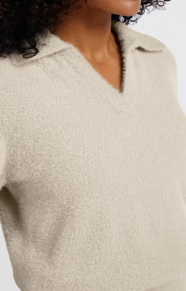 Fluffy Polo Sweater With Classic Collar And Vneck Feather Women YAYA Sweaters Fluffy Polo Sweater With Classic Collar And Vneck Feather Women YAYA Sweaters