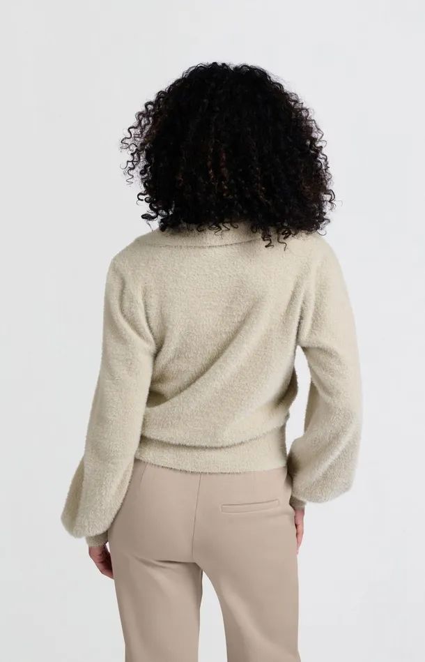 Fluffy Polo Sweater With Classic Collar And Vneck Feather Women YAYA Sweaters Fluffy Polo Sweater With Classic Collar And Vneck Feather Women YAYA Sweaters