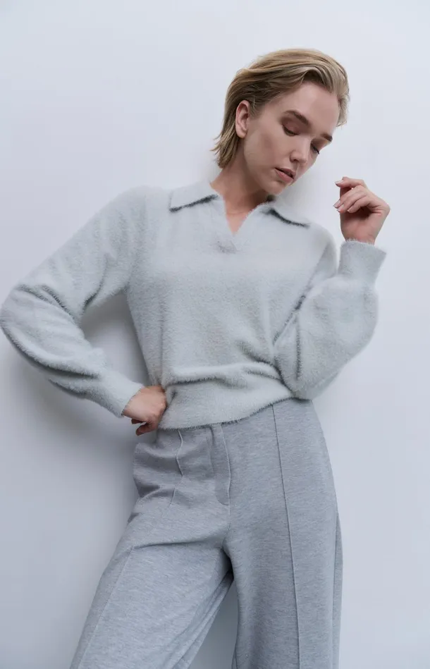 Fluffy Polo Sweater With Classic Collar And Vneck Light Grey Melange Women YAYA Sweaters Fluffy Polo Sweater With Classic Collar And Vneck Light Grey Melange Women YAYA Sweaters