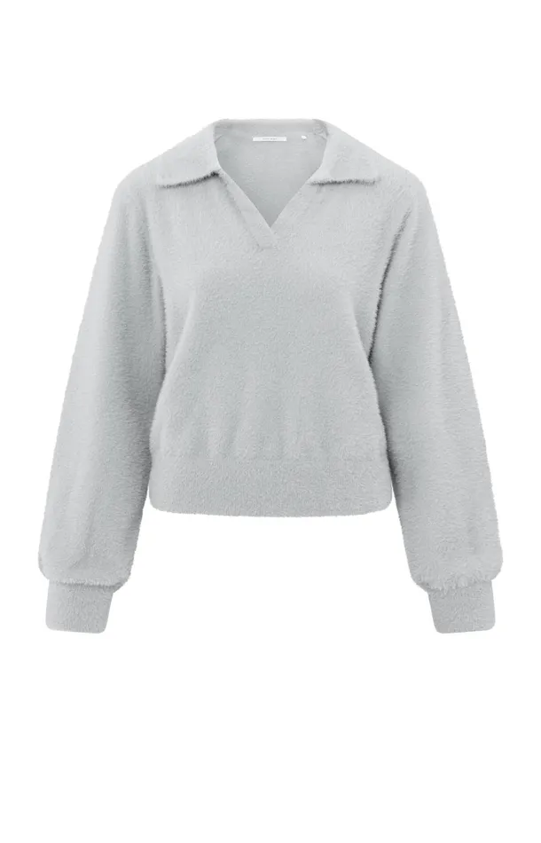Fluffy Polo Sweater With Classic Collar And Vneck Light Grey Melange Women YAYA Sweaters Fluffy Polo Sweater With Classic Collar And Vneck Light Grey Melange Women YAYA Sweaters