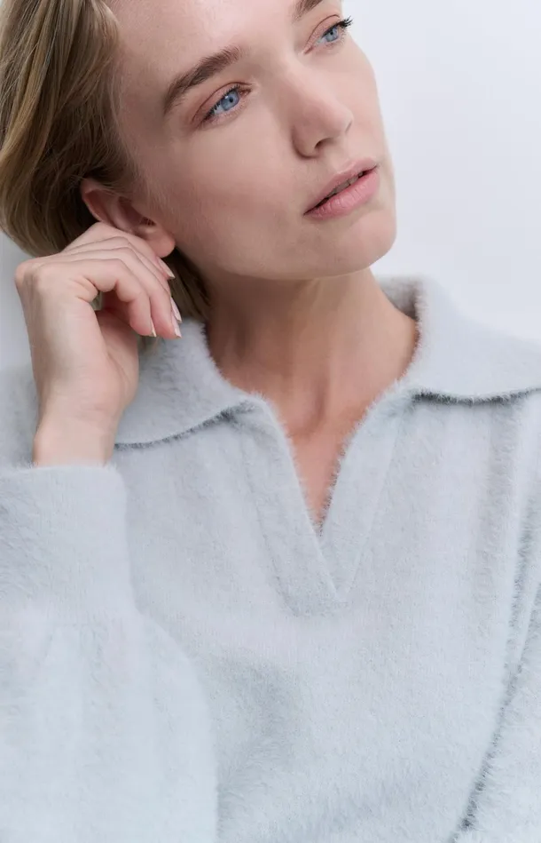 Fluffy Polo Sweater With Classic Collar And Vneck Light Grey Melange Women YAYA Sweaters Fluffy Polo Sweater With Classic Collar And Vneck Light Grey Melange Women YAYA Sweaters