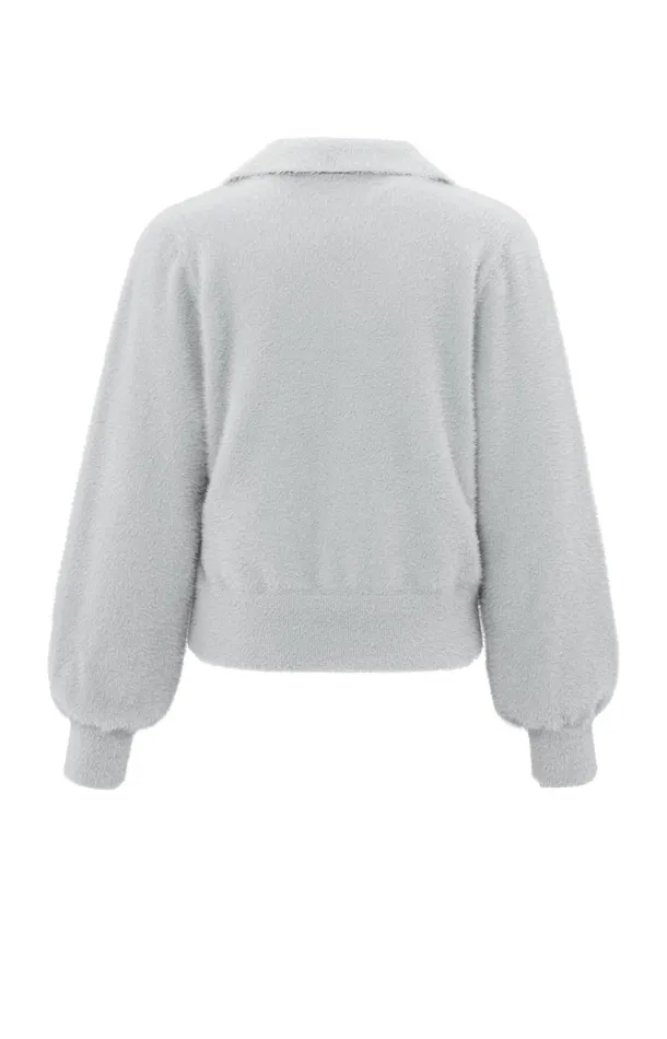 Fluffy Polo Sweater With Classic Collar And Vneck Light Grey Melange Women YAYA Sweaters Fluffy Polo Sweater With Classic Collar And Vneck Light Grey Melange Women YAYA Sweaters