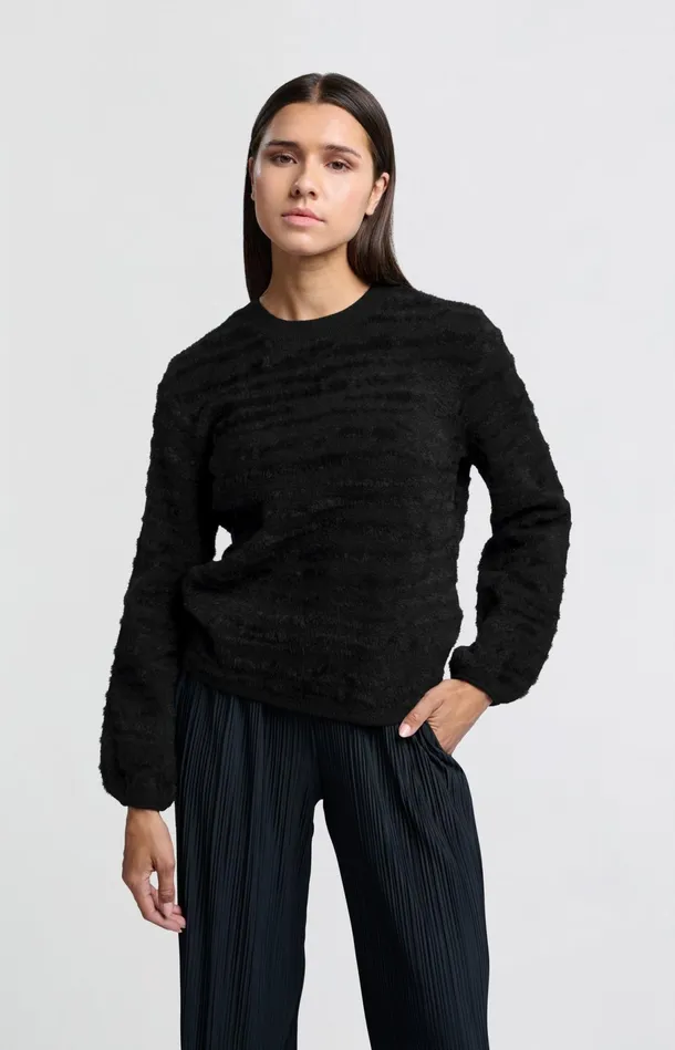 Fluffy Sweater With Round Neckline And Subtle Stripes Black Women YAYA Sweaters Fluffy Sweater With Round Neckline And Subtle Stripes Black Women YAYA Sweaters