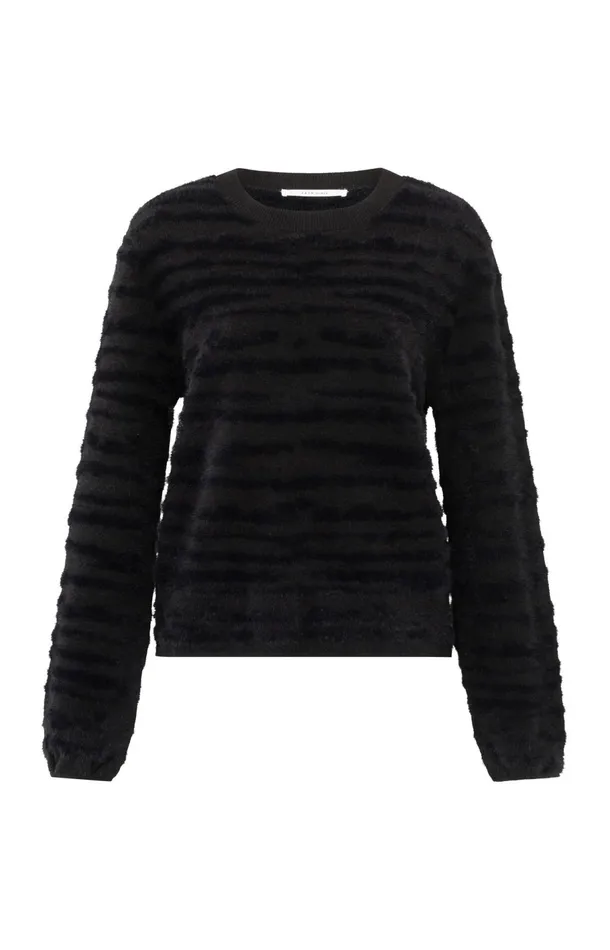 Fluffy Sweater With Round Neckline And Subtle Stripes Black Women YAYA Sweaters Fluffy Sweater With Round Neckline And Subtle Stripes Black Women YAYA Sweaters