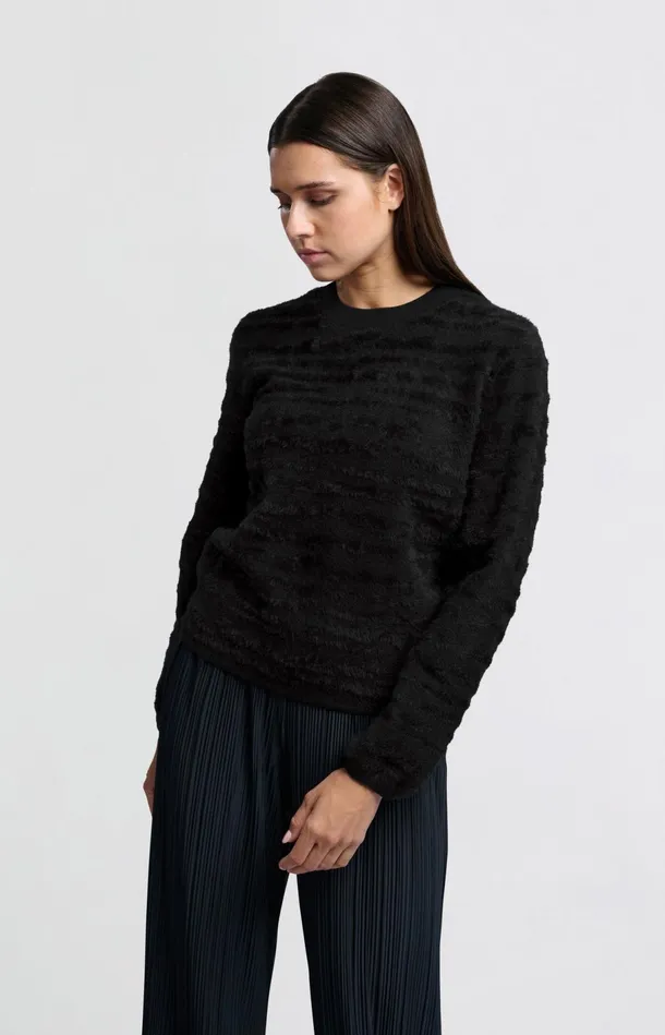 Fluffy Sweater With Round Neckline And Subtle Stripes Black Women YAYA Sweaters Fluffy Sweater With Round Neckline And Subtle Stripes Black Women YAYA Sweaters