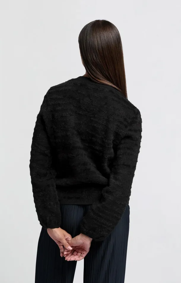 Fluffy Sweater With Round Neckline And Subtle Stripes Black Women YAYA Sweaters Fluffy Sweater With Round Neckline And Subtle Stripes Black Women YAYA Sweaters
