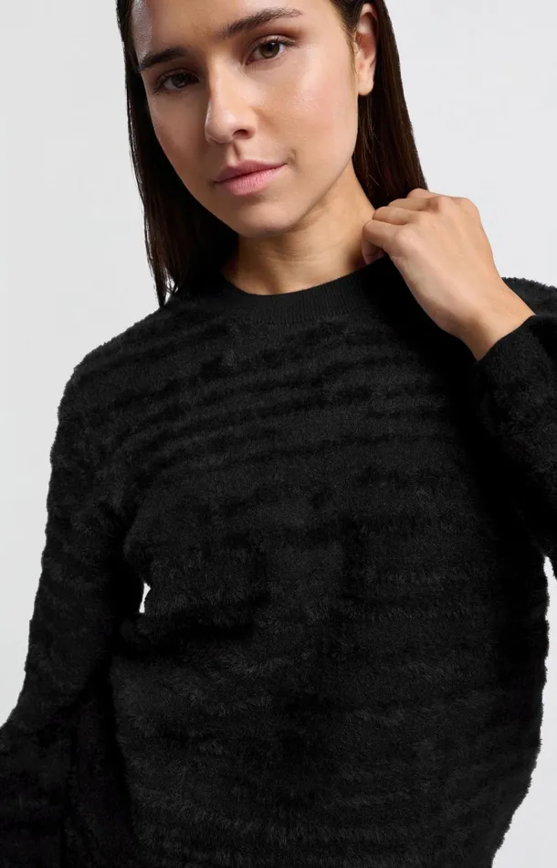 Fluffy Sweater With Round Neckline And Subtle Stripes Black Women YAYA Sweaters Fluffy Sweater With Round Neckline And Subtle Stripes Black Women YAYA Sweaters